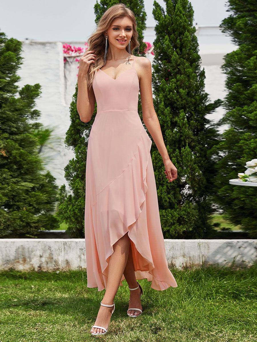 QUINCEY|Charming Sleeveless Chiffon Lotus Leaf Bridesmaid Dress with V-Neck