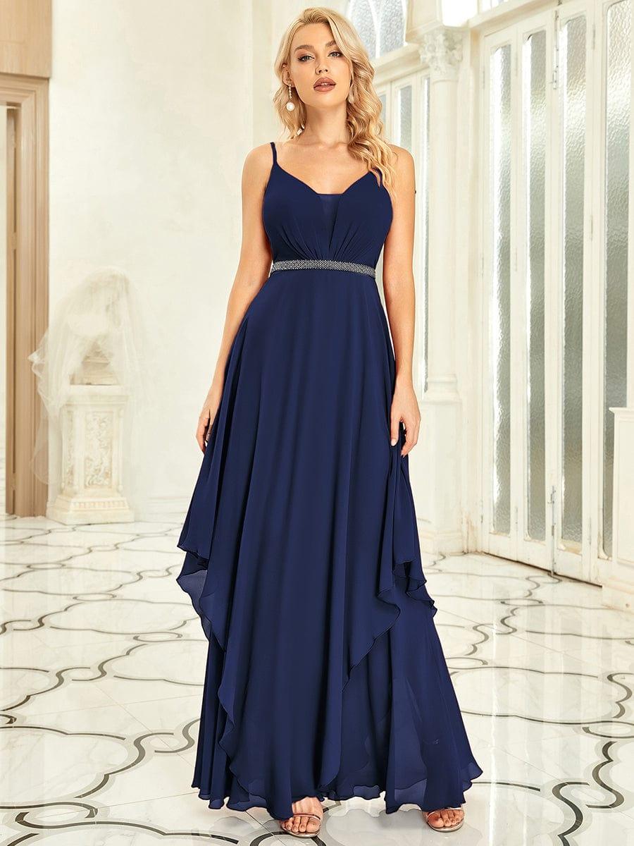 CLEMENT|Ruffle Hem and Pearl Waist Detail V-Neck Backless Chiffon Bridesmaid Dress