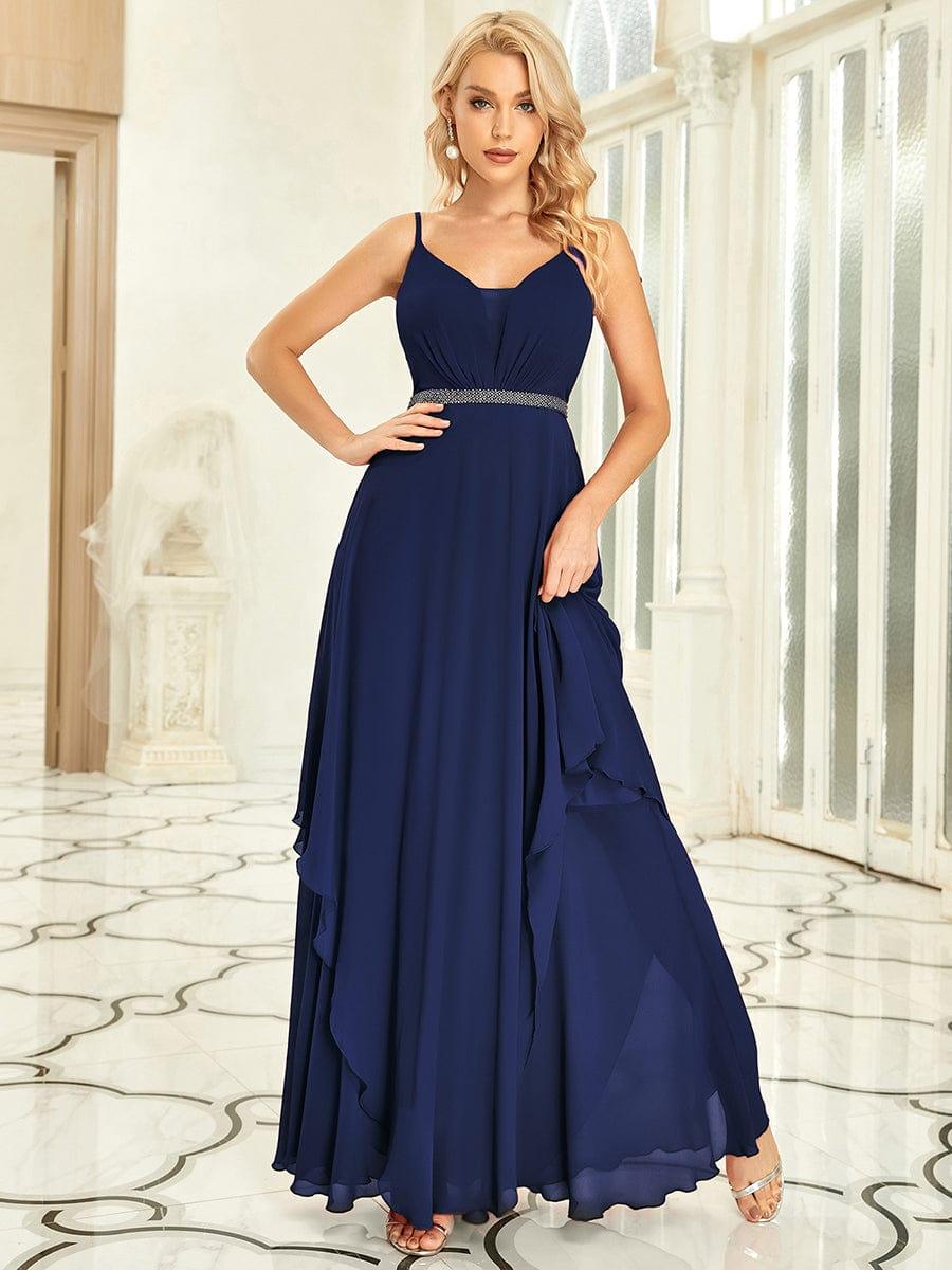 CLEMENT|Ruffle Hem and Pearl Waist Detail V-Neck Backless Chiffon Bridesmaid Dress
