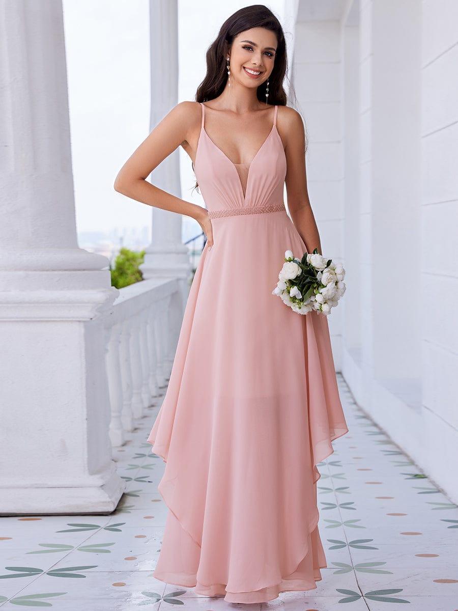 CLEMENT|Ruffle Hem and Pearl Waist Detail V-Neck Backless Chiffon Bridesmaid Dress