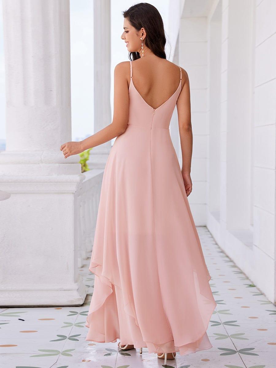 CLEMENT|Ruffle Hem and Pearl Waist Detail V-Neck Backless Chiffon Bridesmaid Dress