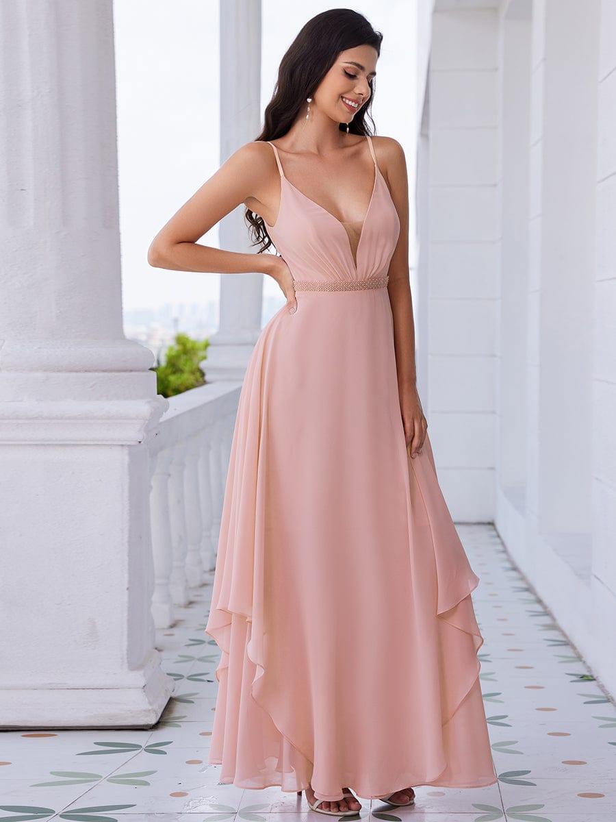 CLEMENT|Ruffle Hem and Pearl Waist Detail V-Neck Backless Chiffon Bridesmaid Dress