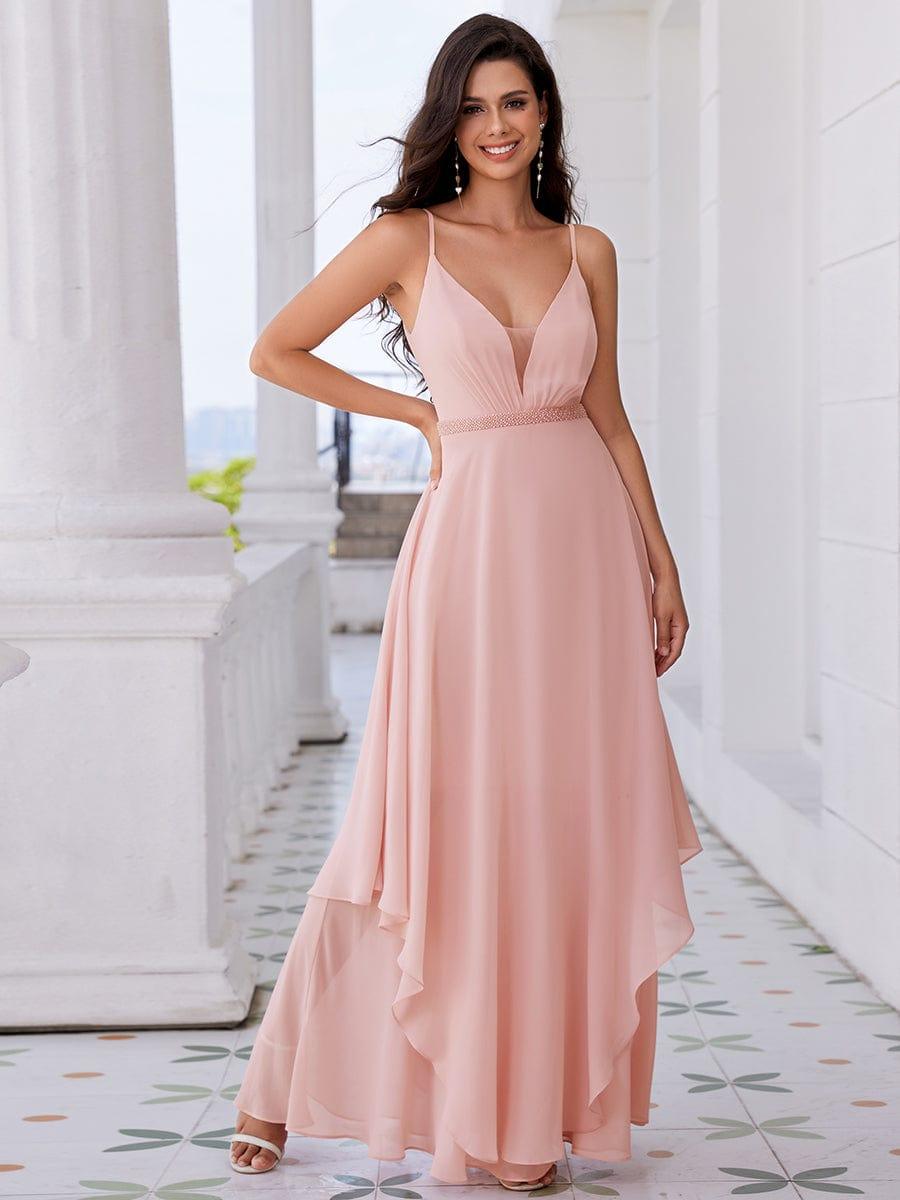 CLEMENT|Ruffle Hem and Pearl Waist Detail V-Neck Backless Chiffon Bridesmaid Dress