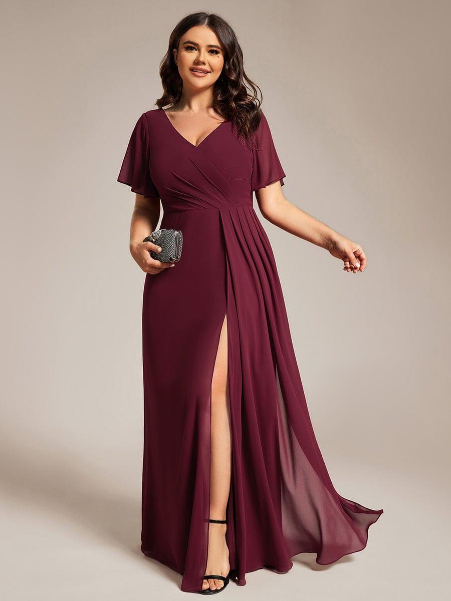 pretty LINDEN|Plus Size High Slit V-Neck Empire Waist Chiffon Bridesmaid Dress