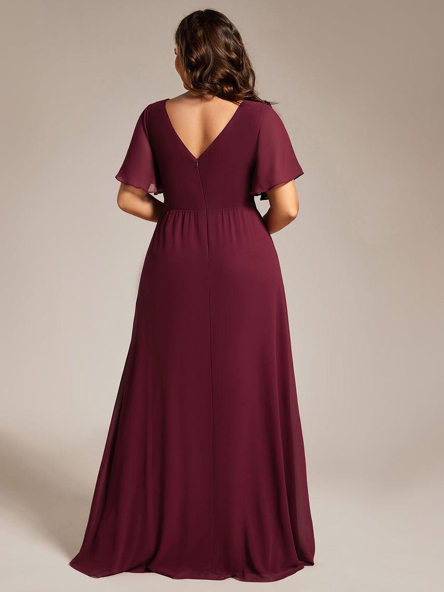 LINDEN|High Slit V-Neck Chiffon High Waist Bridesmaid Dress with Ruffle Sleeve