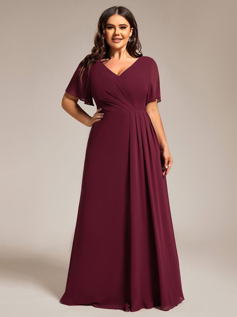 LINDEN|High Slit V-Neck Chiffon High Waist Bridesmaid Dress with Ruffle Sleeve