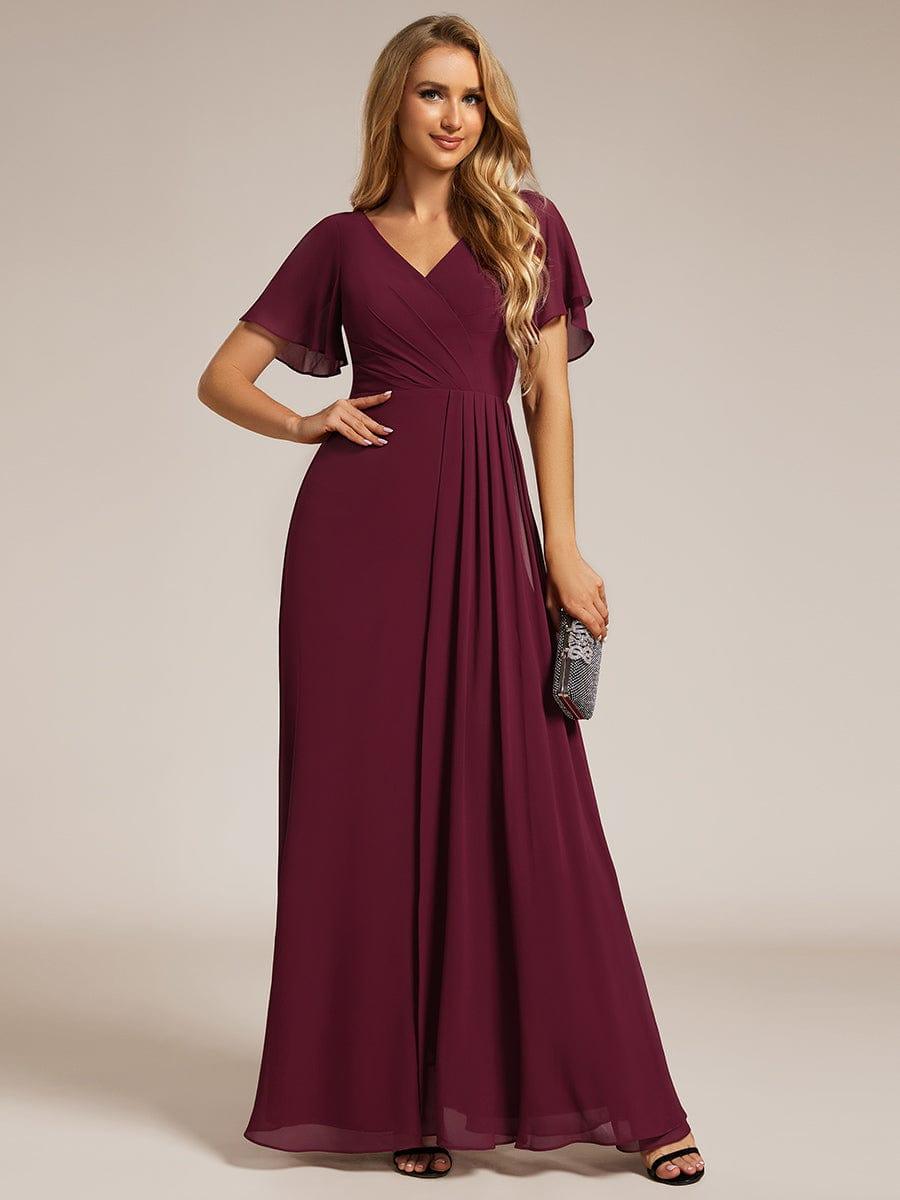 LINDEN|High Slit V-Neck Chiffon High Waist Bridesmaid Dress with Ruffle Sleeve