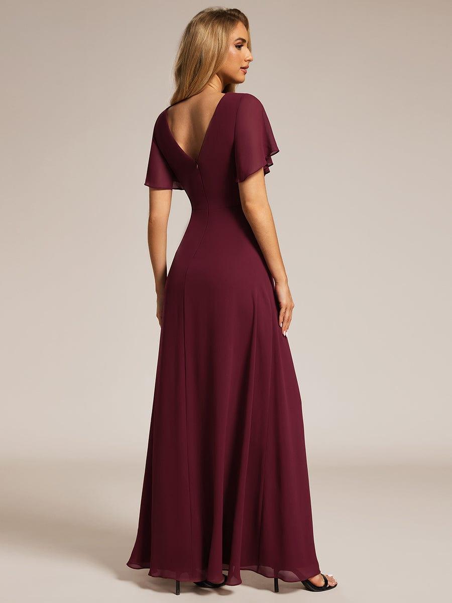 LINDEN|High Slit V-Neck Chiffon High Waist Bridesmaid Dress with Ruffle Sleeve