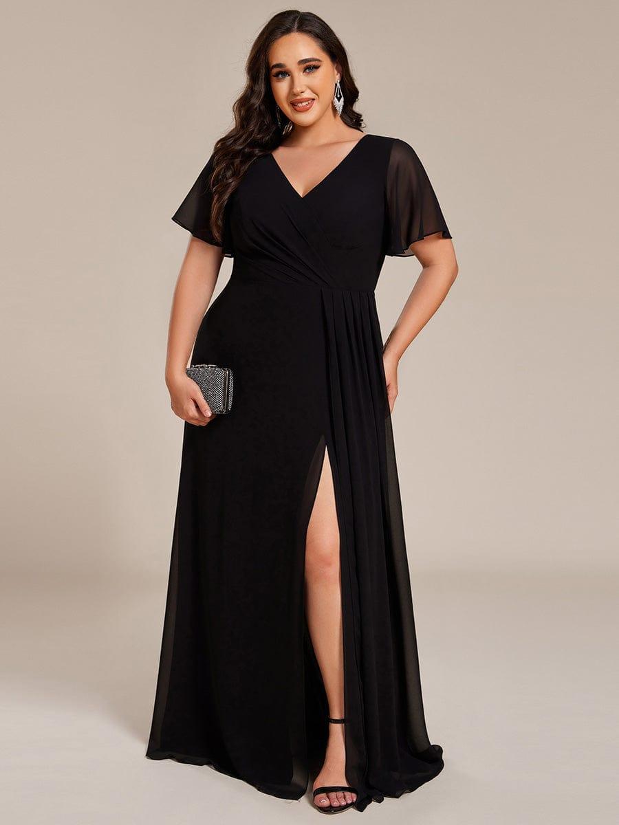 LINDEN|High Slit V-Neck Chiffon High Waist Bridesmaid Dress with Ruffle Sleeve