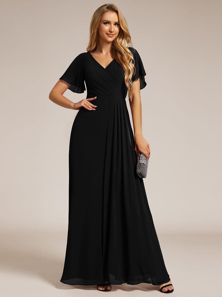 LINDEN|High Slit V-Neck Chiffon High Waist Bridesmaid Dress with Ruffle Sleeve