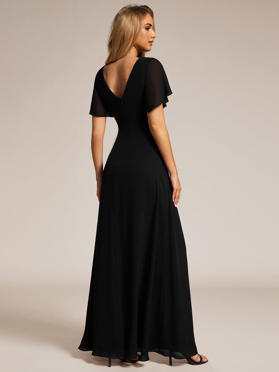 LINDEN|High Slit V-Neck Chiffon High Waist Bridesmaid Dress with Ruffle Sleeve