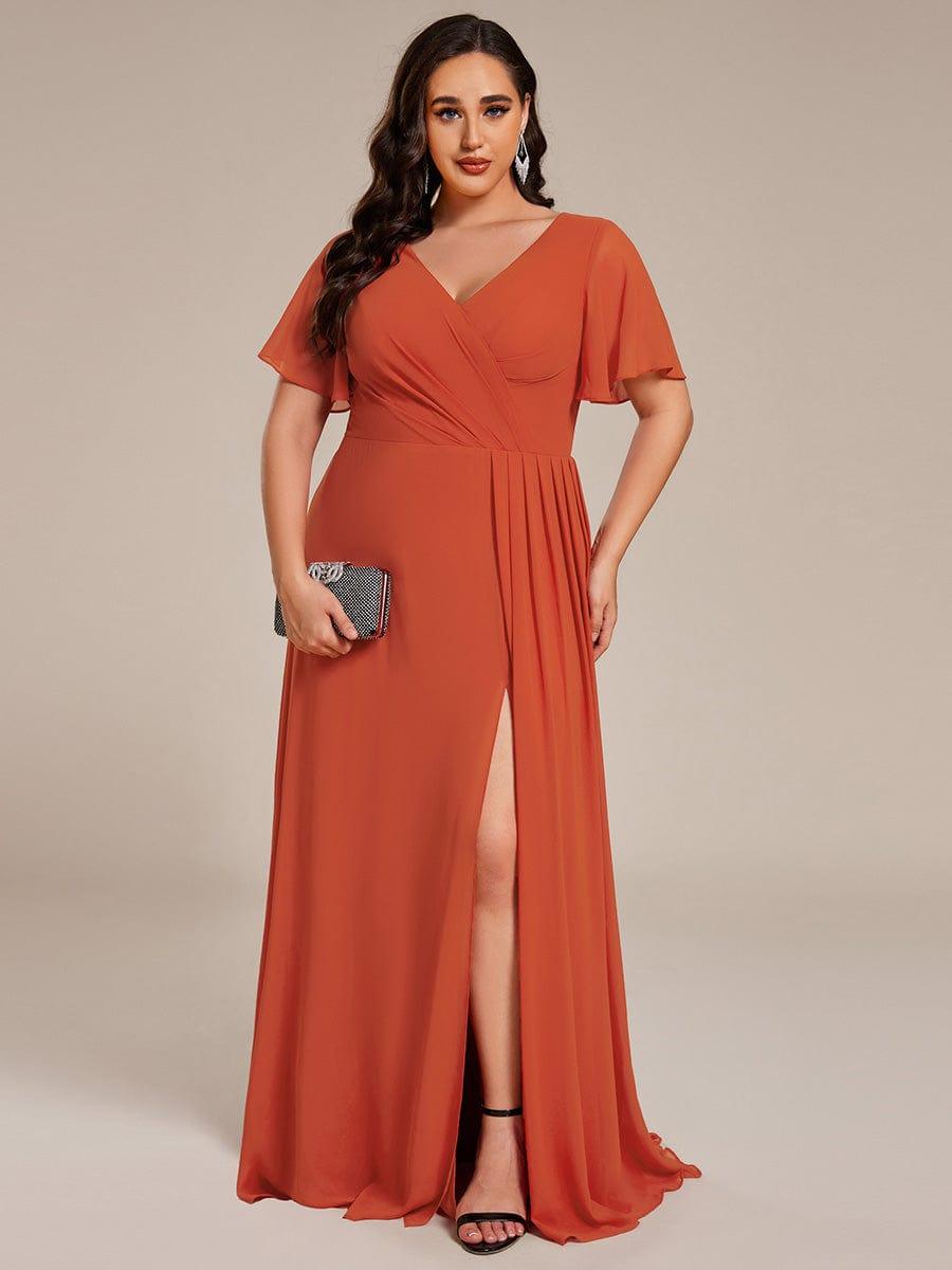 LINDEN|High Slit V-Neck Chiffon High Waist Bridesmaid Dress with Ruffle Sleeve