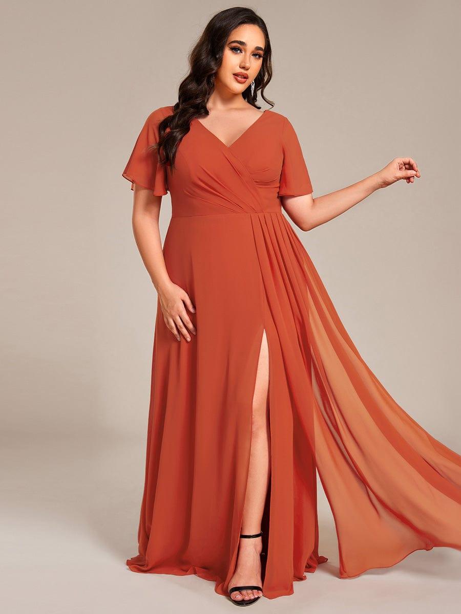 LINDEN|High Slit V-Neck Chiffon High Waist Bridesmaid Dress with Ruffle Sleeve