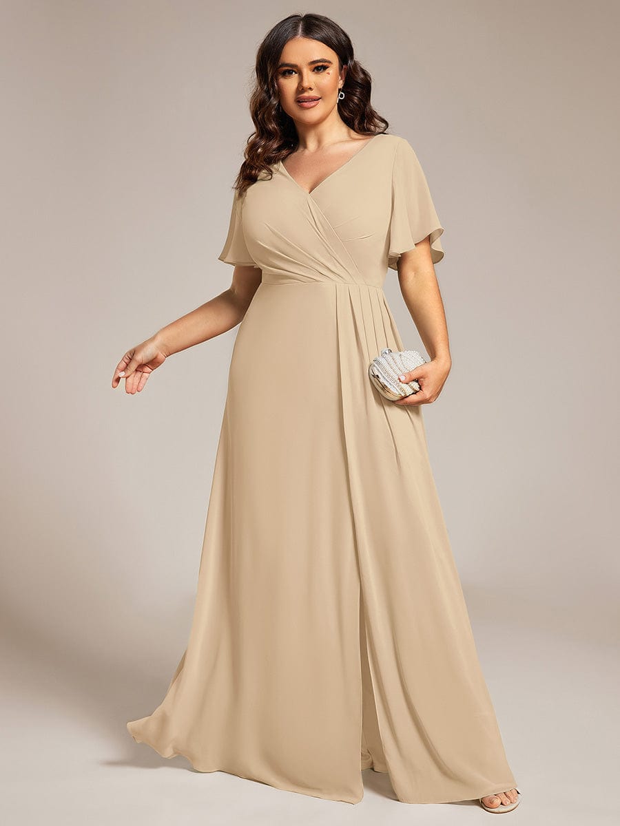 pretty LINDEN|Plus Size High Slit V-Neck Empire Waist Chiffon Bridesmaid Dress