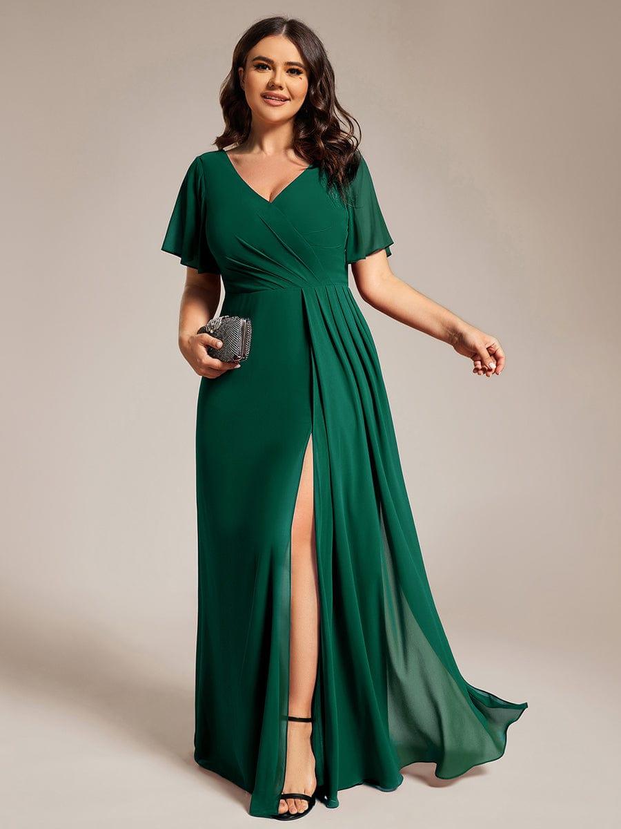 LINDEN|High Slit V-Neck Chiffon High Waist Bridesmaid Dress with Ruffle Sleeve