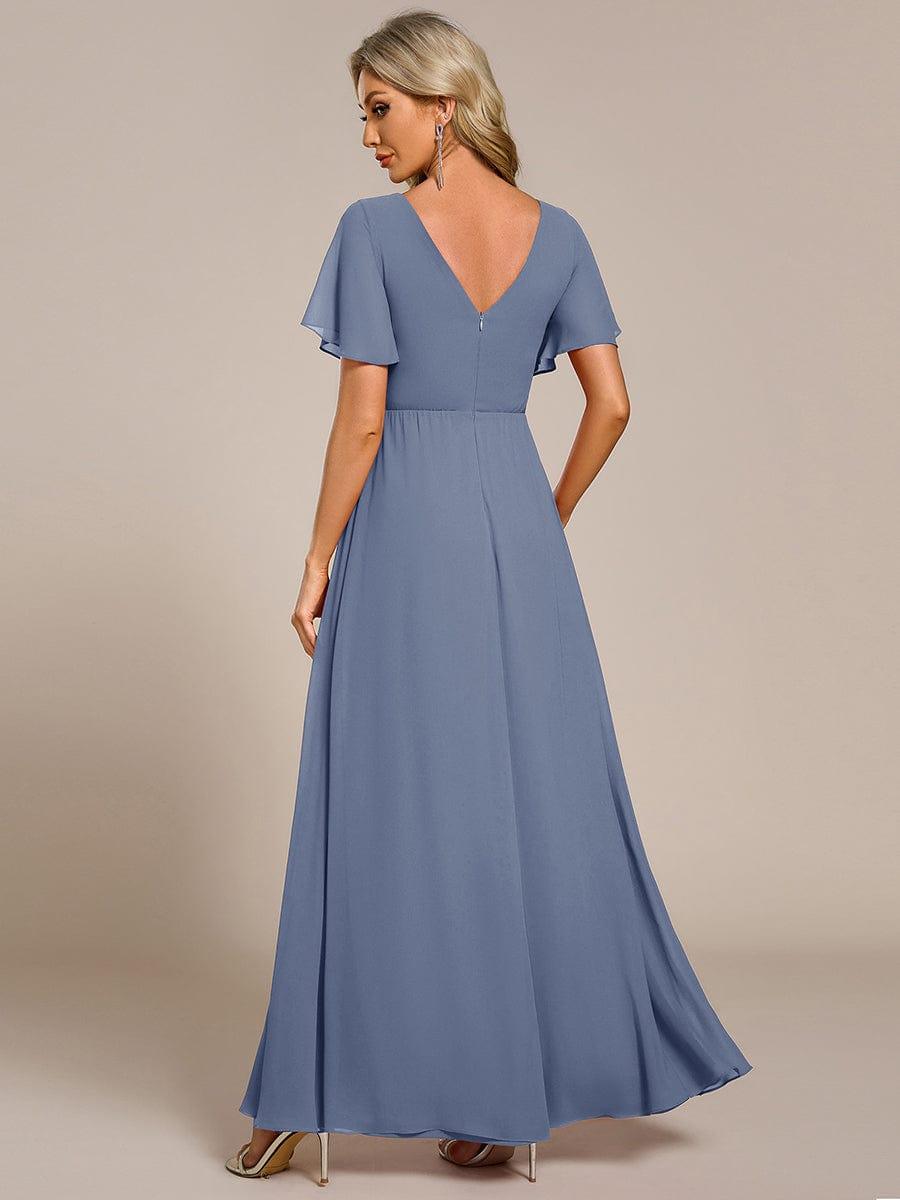 LINDEN|High Slit V-Neck Chiffon High Waist Bridesmaid Dress with Ruffle Sleeve