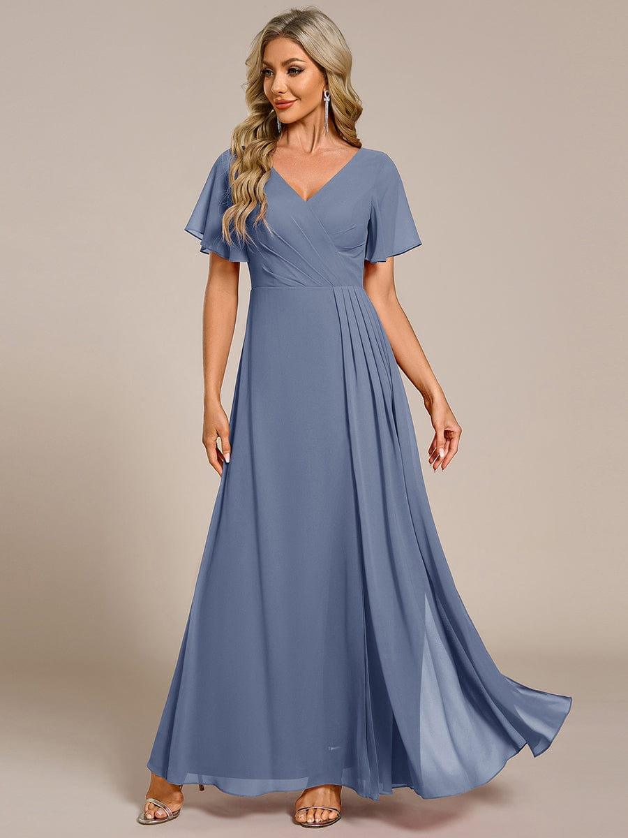 LINDEN|High Slit V-Neck Chiffon High Waist Bridesmaid Dress with Ruffle Sleeve