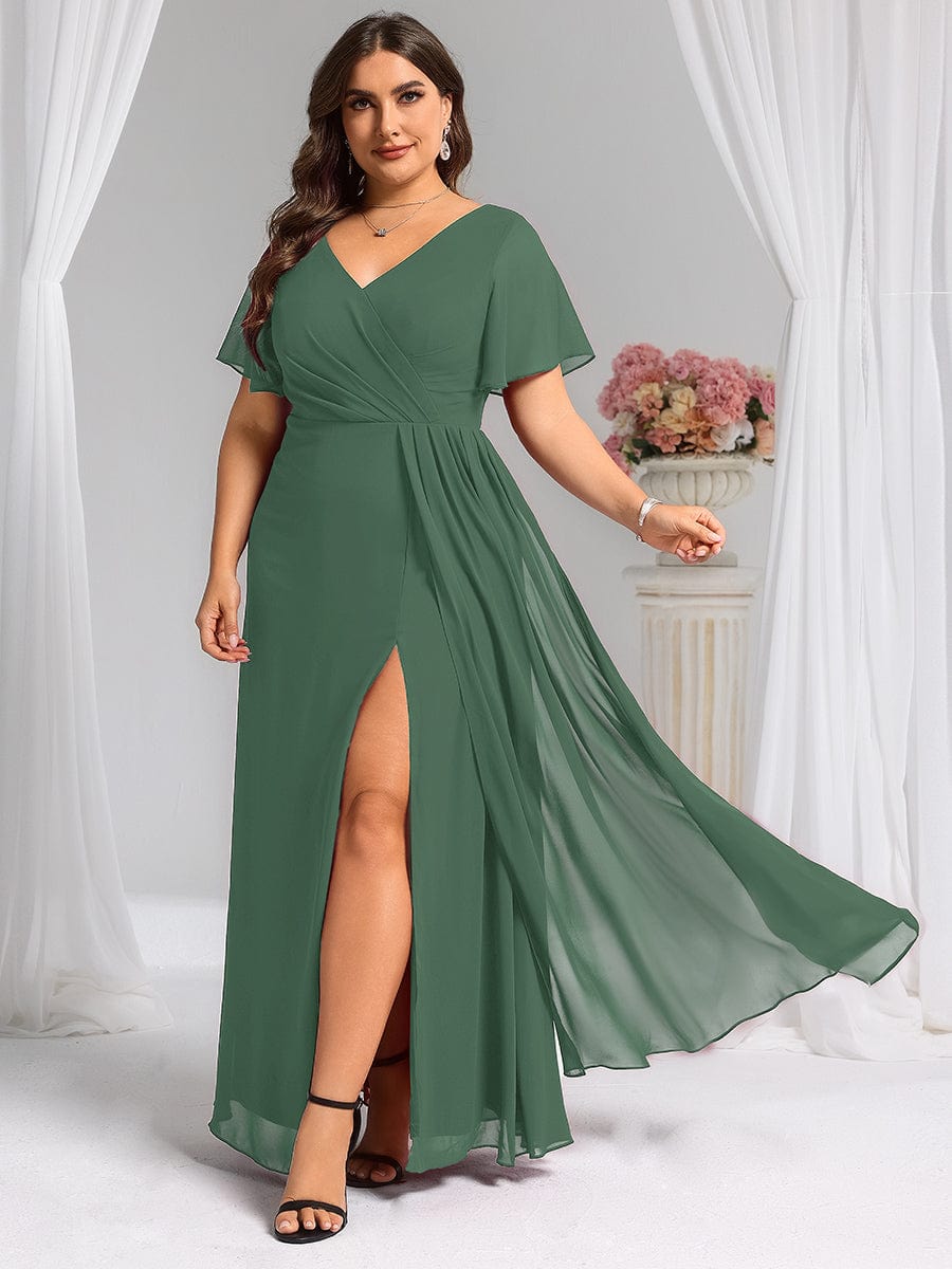 LINDEN|High Slit V-Neck Chiffon High Waist Bridesmaid Dress with Ruffle Sleeve