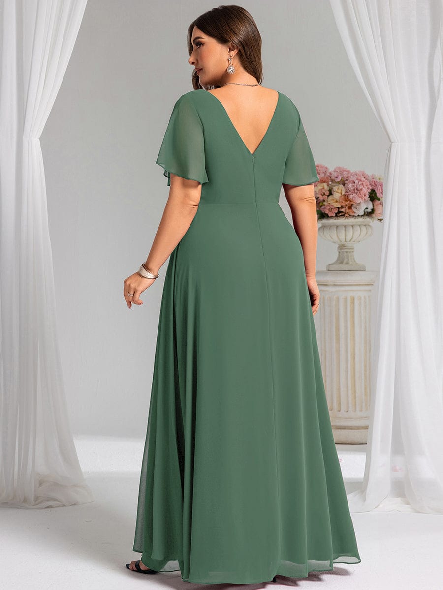LINDEN|High Slit V-Neck Chiffon High Waist Bridesmaid Dress with Ruffle Sleeve