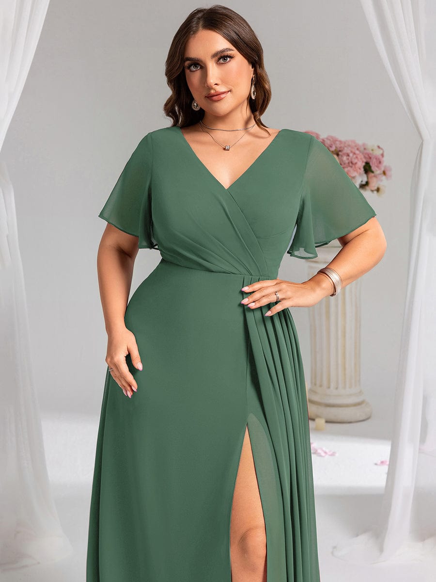 LINDEN|High Slit V-Neck Chiffon High Waist Bridesmaid Dress with Ruffle Sleeve