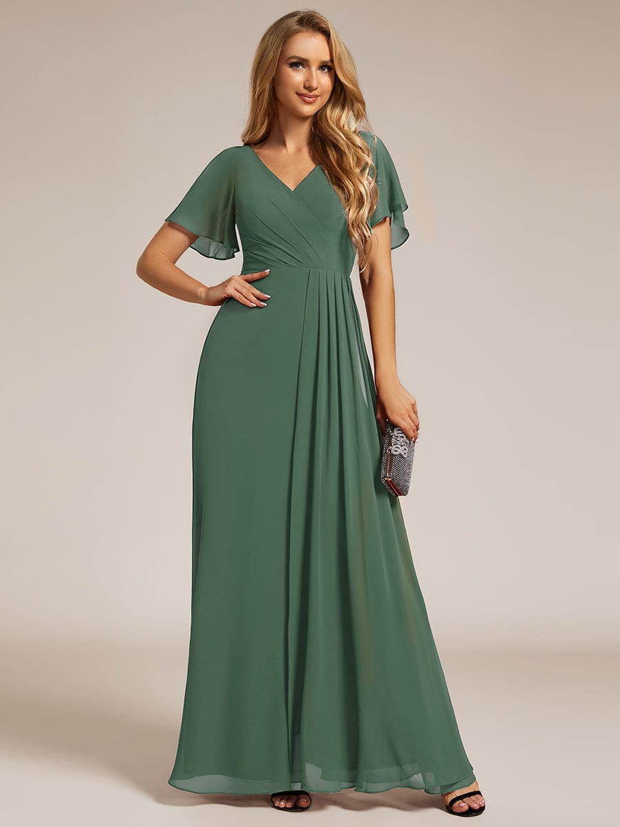 LINDEN|High Slit V-Neck Chiffon High Waist Bridesmaid Dress with Ruffle Sleeve