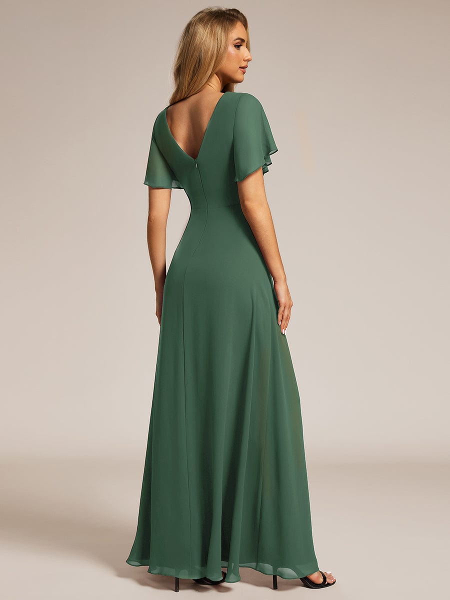 LINDEN|High Slit V-Neck Chiffon High Waist Bridesmaid Dress with Ruffle Sleeve