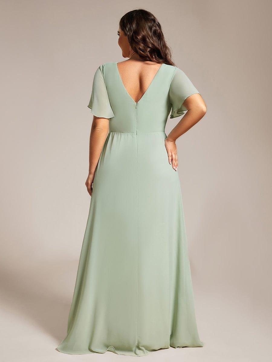 LINDEN|High Slit V-Neck Chiffon High Waist Bridesmaid Dress with Ruffle Sleeve
