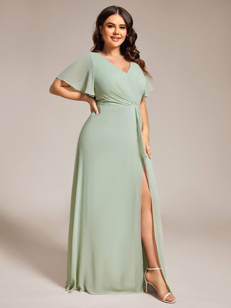 LINDEN|High Slit V-Neck Chiffon High Waist Bridesmaid Dress with Ruffle Sleeve