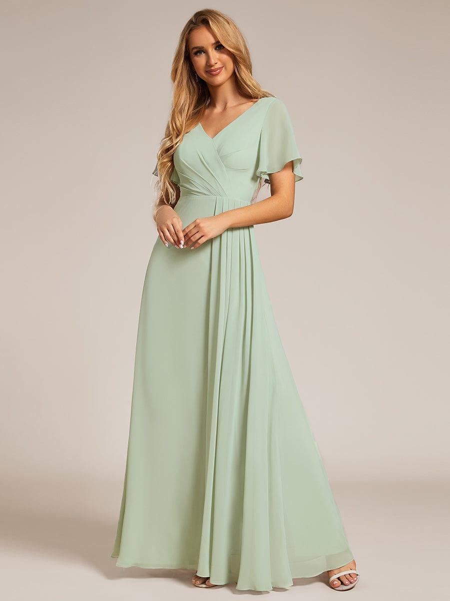 LINDEN|High Slit V-Neck Chiffon High Waist Bridesmaid Dress with Ruffle Sleeve