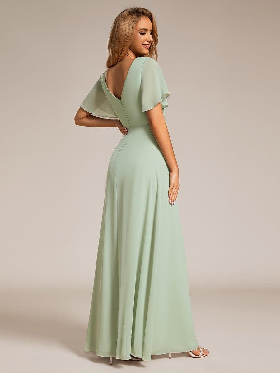 LINDEN|High Slit V-Neck Chiffon High Waist Bridesmaid Dress with Ruffle Sleeve