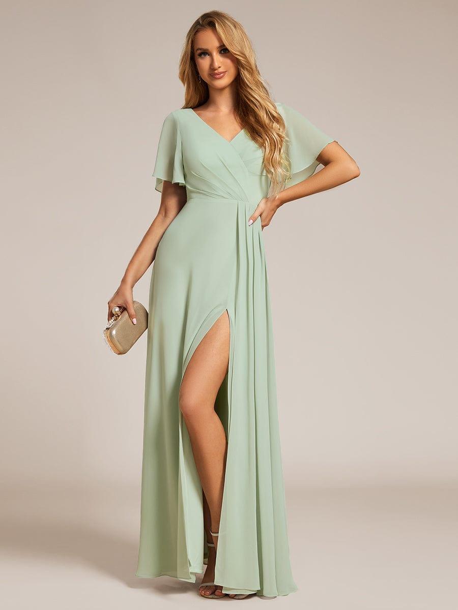LINDEN|High Slit V-Neck Chiffon High Waist Bridesmaid Dress with Ruffle Sleeve