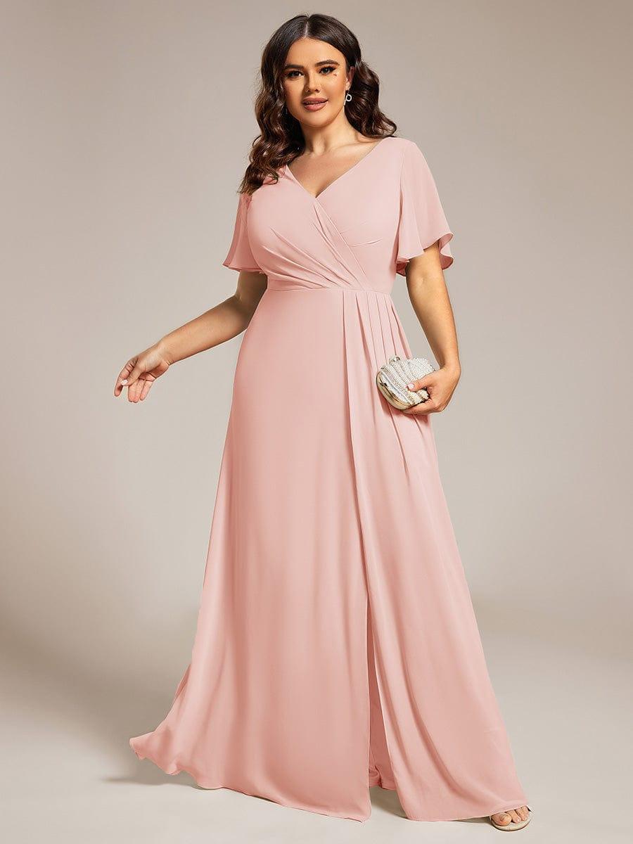 LINDEN|High Slit V-Neck Chiffon High Waist Bridesmaid Dress with Ruffle Sleeve