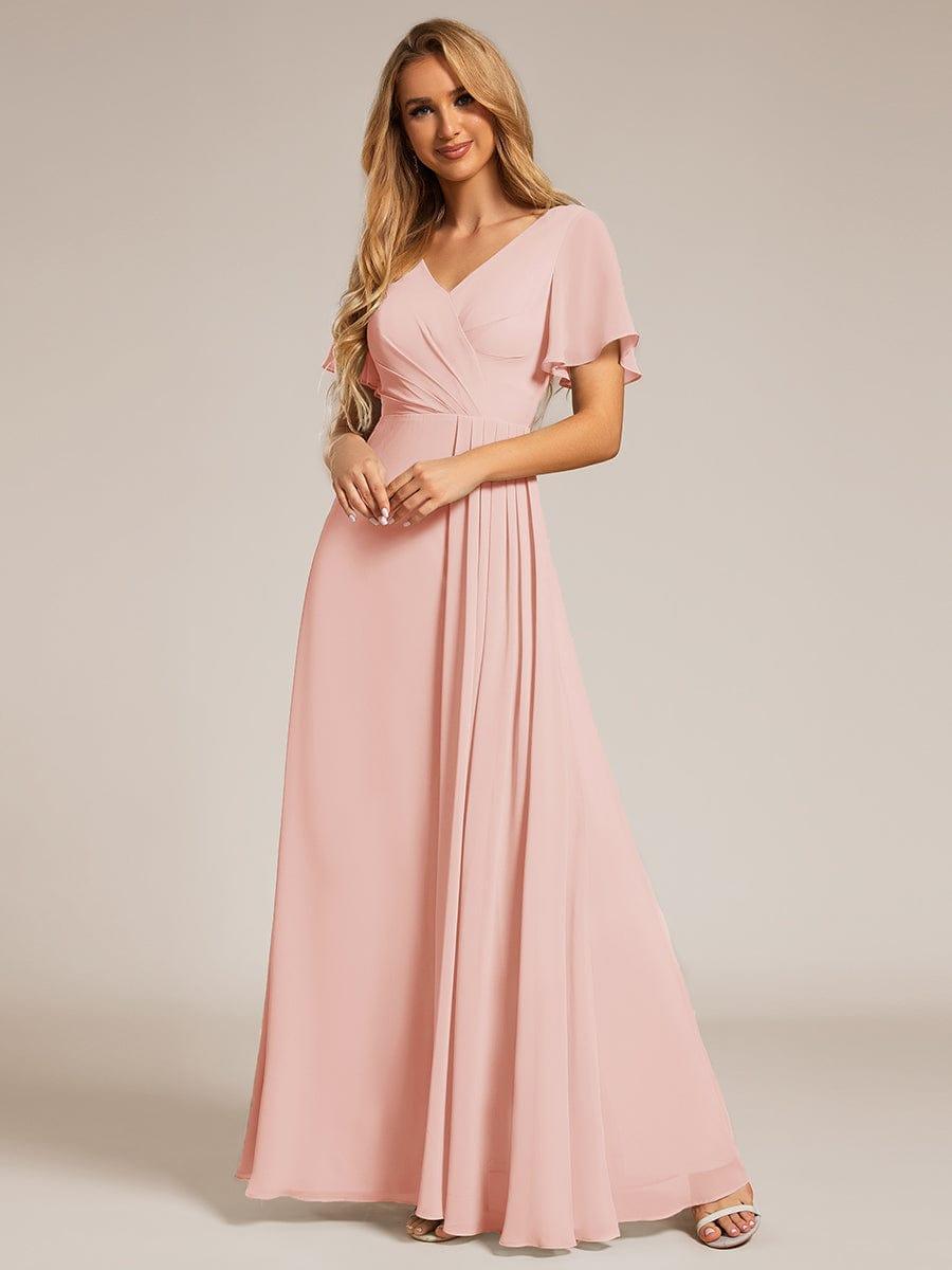 LINDEN|High Slit V-Neck Chiffon High Waist Bridesmaid Dress with Ruffle Sleeve
