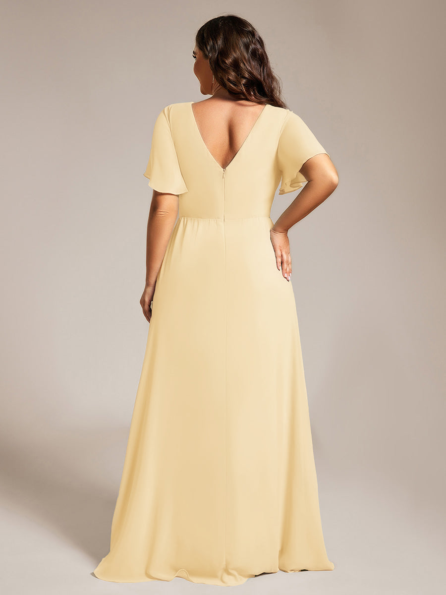 LINDEN|High Slit V-Neck Chiffon High Waist Bridesmaid Dress with Ruffle Sleeve