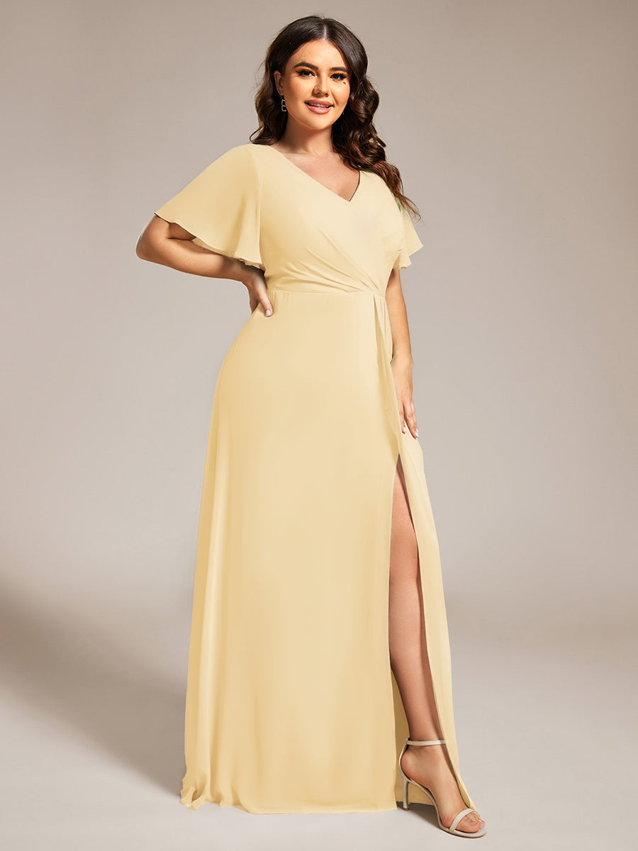 LINDEN|High Slit V-Neck Chiffon High Waist Bridesmaid Dress with Ruffle Sleeve