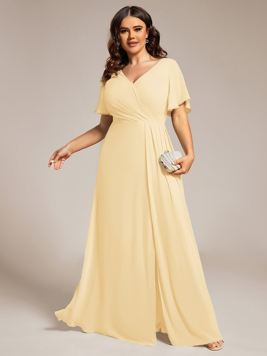 LINDEN|High Slit V-Neck Chiffon High Waist Bridesmaid Dress with Ruffle Sleeve