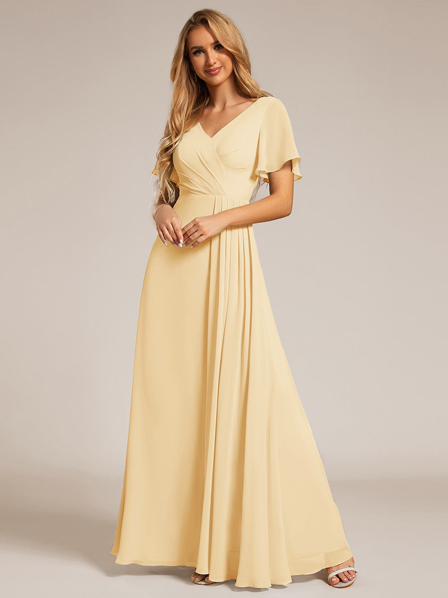 LINDEN|High Slit V-Neck Chiffon High Waist Bridesmaid Dress with Ruffle Sleeve