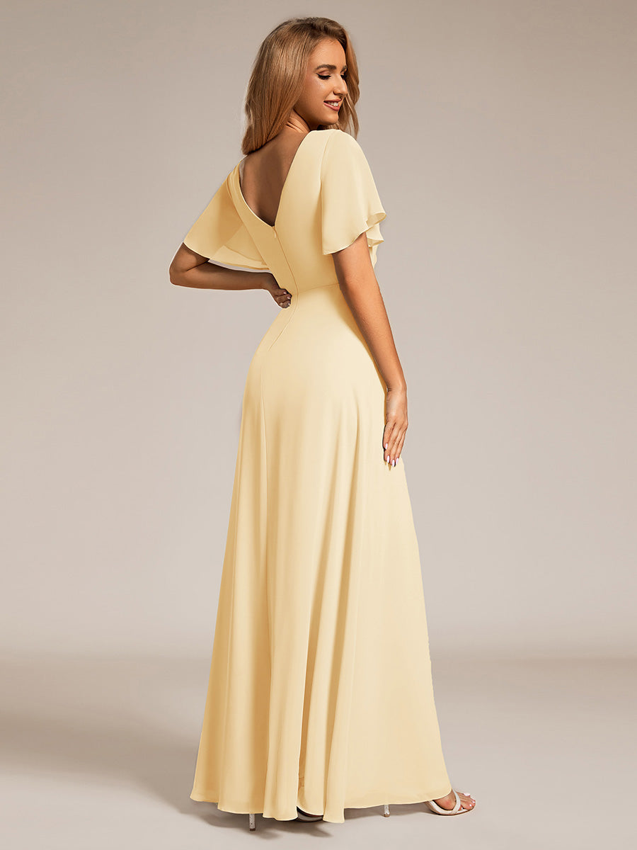 LINDEN|High Slit V-Neck Chiffon High Waist Bridesmaid Dress with Ruffle Sleeve