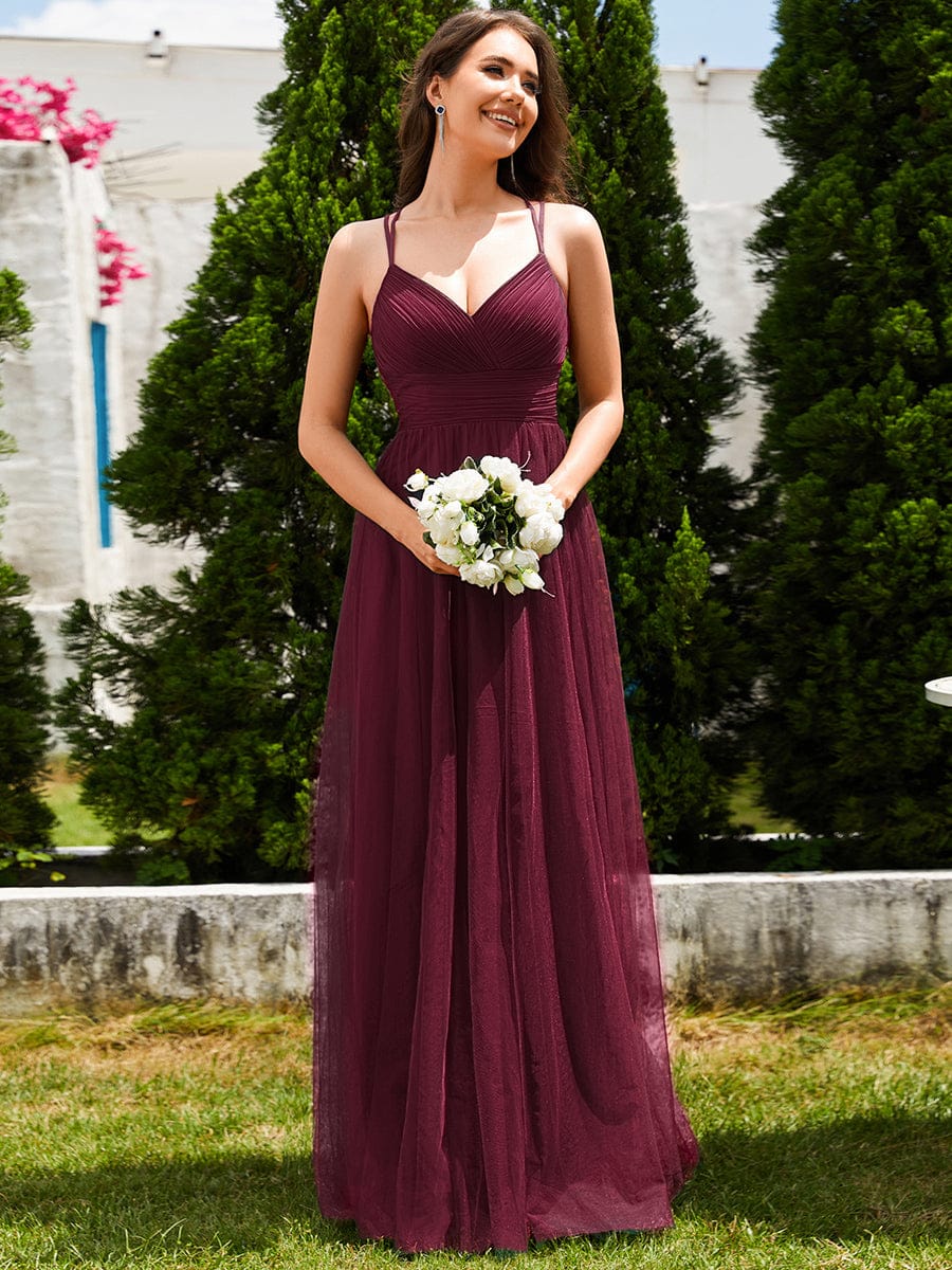 JAYCEE|Chic Lace Sheer Back and Cross Straps V-Neck Sleeveless Bridesmaid Dress