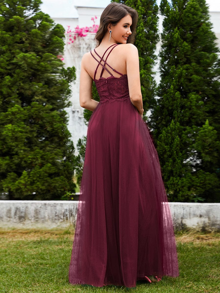 JAYCEE|Chic Lace Sheer Back and Cross Straps V-Neck Sleeveless Bridesmaid Dress