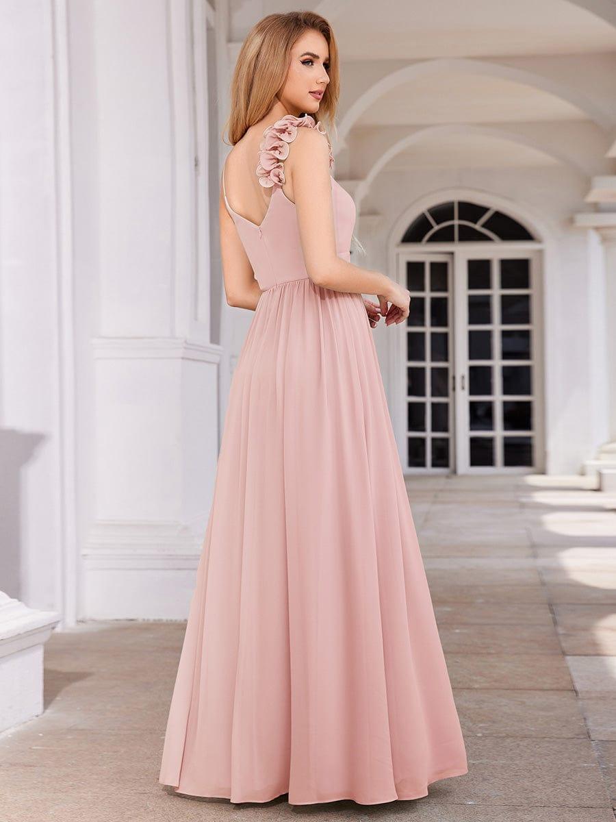 Floral Strap V-Neck Chiffon Bridesmaid Dress with A-Line Silhouette