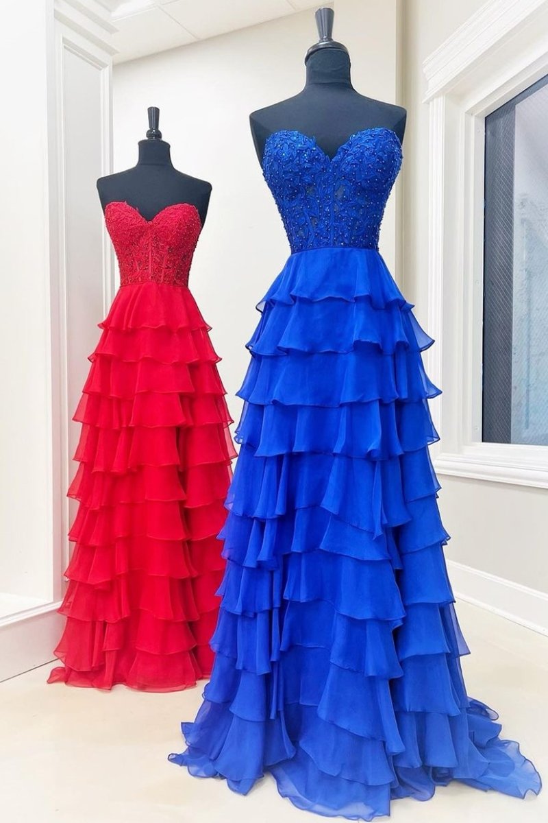 Alondra | Royal Blue Chiffon Sweetheart Ruffle Tiered Long Prom Dress