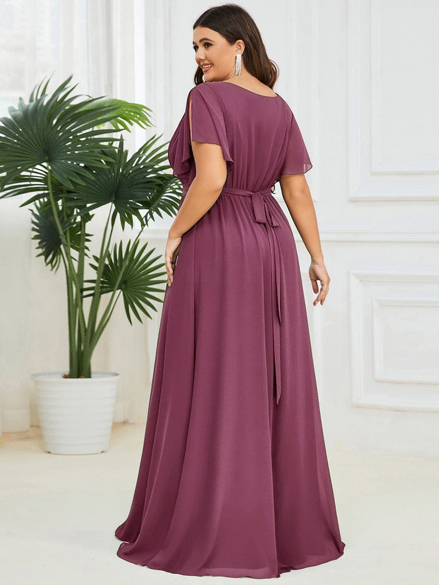 pretty LEORA|Plus Size Pleated Tie-Waist Chiffon Bridesmaid Dress