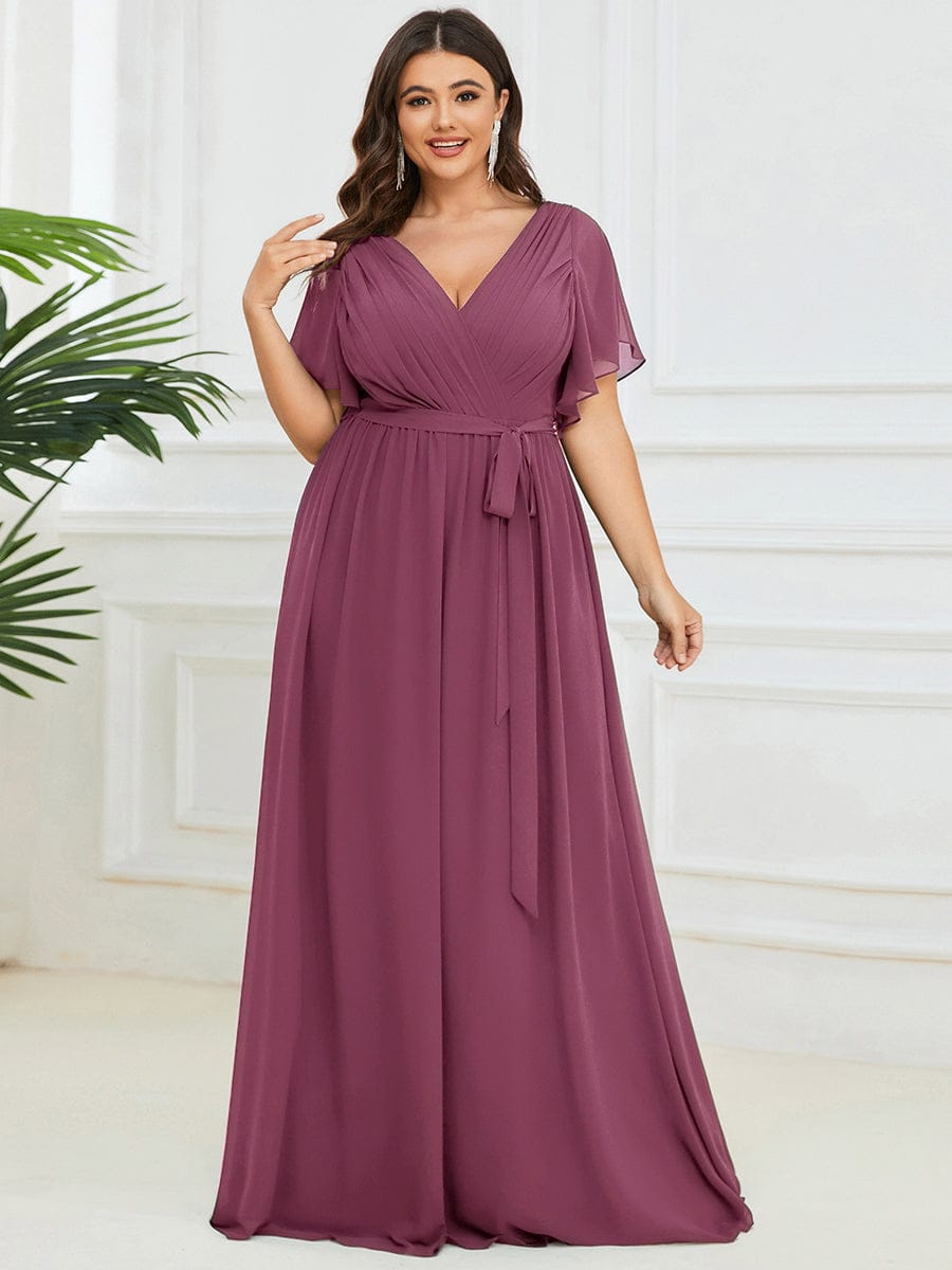 pretty LEORA|Plus Size Pleated Tie-Waist Chiffon Bridesmaid Dress