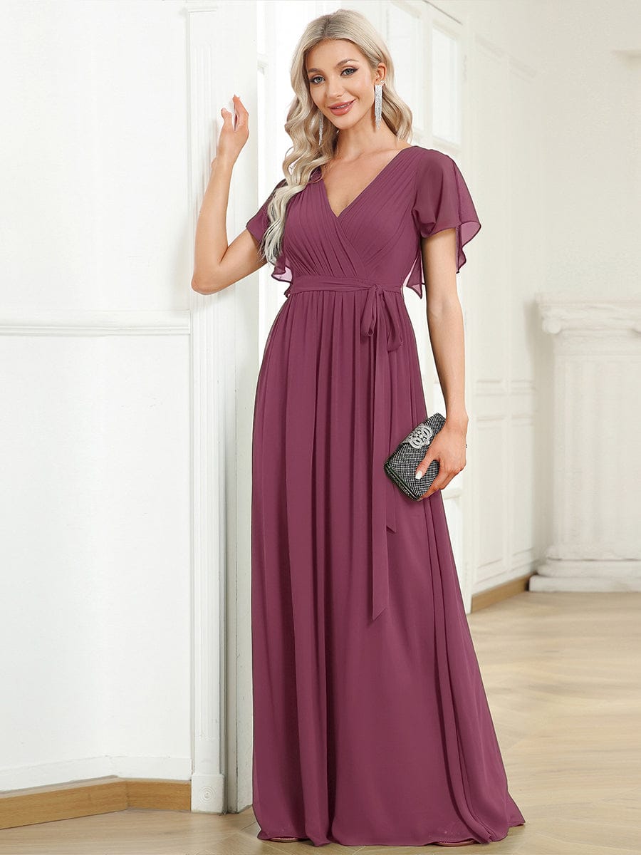 LEORA|A-Line Pleated Chiffon Tie-Waist Bridesmaid Dress
