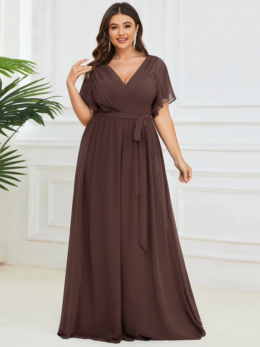 pretty LEORA|Plus Size Pleated Tie-Waist Chiffon Bridesmaid Dress