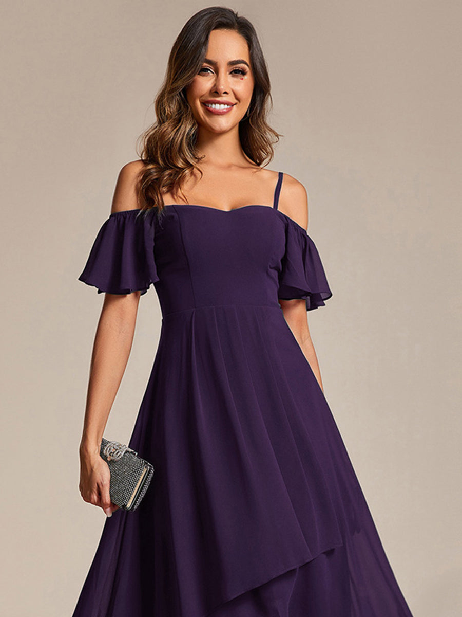 JORDANE|Spaghetti Strap Cold Shoulder Chiffon A-Line Midi Bridesmaid Dress