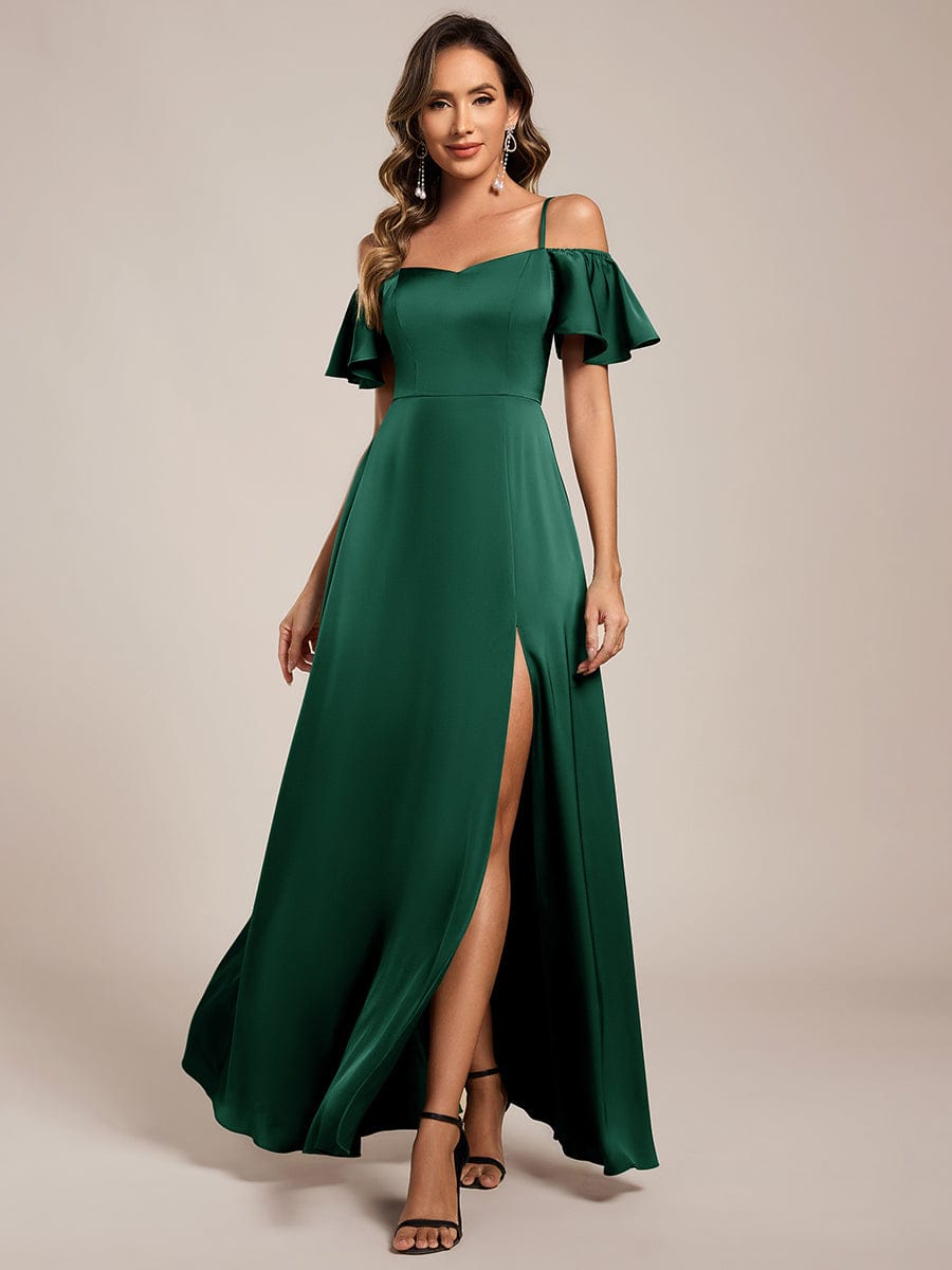 AUBREE|Short Sleeve Off Shoulder A-Line Satin Bridesmaid Dress