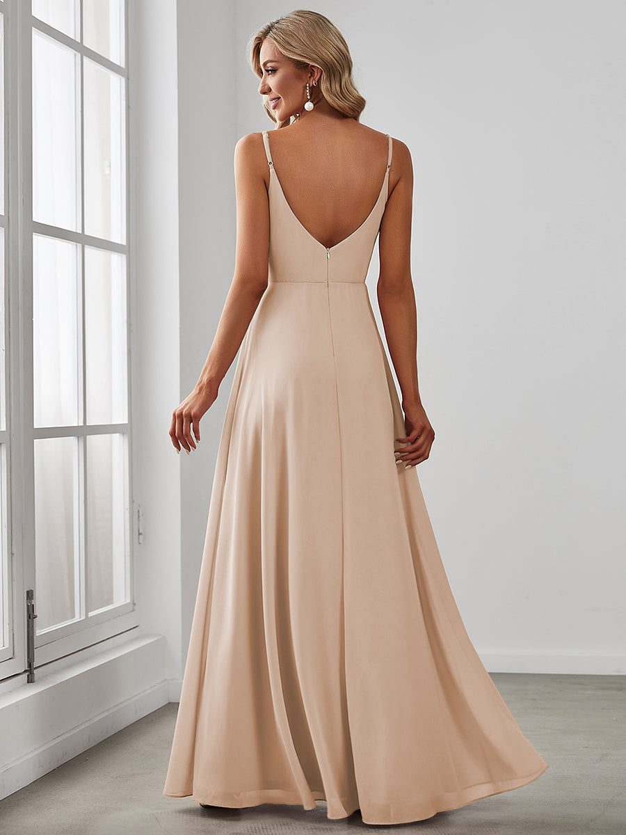 Pretty|Pleated V-Neck Spaghetti Strap High Slit Bridesmaid Dress