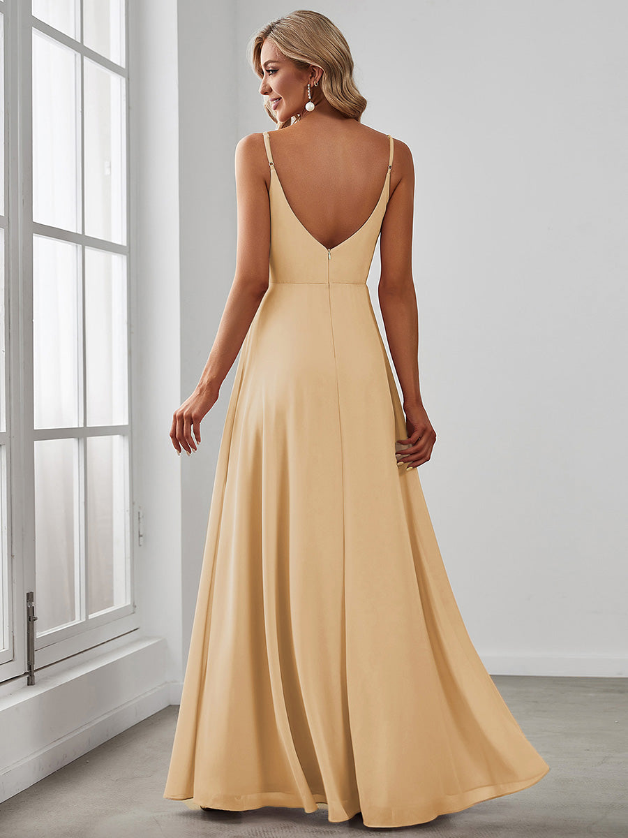 Pretty|Pleated V-Neck Spaghetti Strap High Slit Bridesmaid Dress